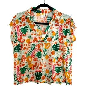 C & C California 100% linen collared tropical print top Medium